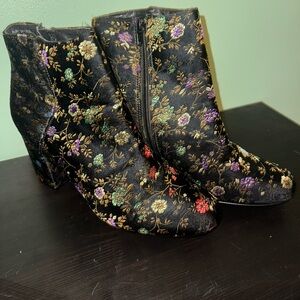Diba Black Floral Embroidered Ankle Boots